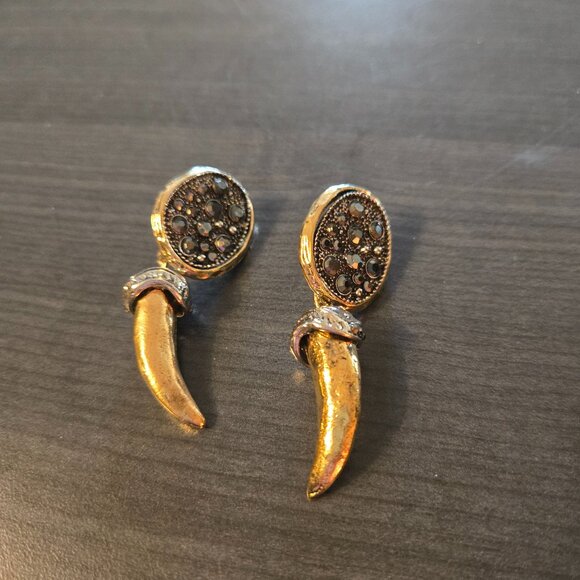 NEW ZARA MIX METAL CHUNKY HORN DANGLING EARRINGS / BOUCLES CORNE - Picture 3 of 4